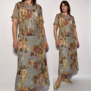 Vintage 90s 2pc CRINKLY Renaissance Floral Top & Skirt Set! Medium